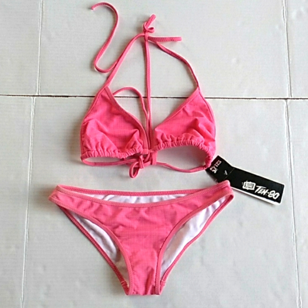 Ten-80 Pink Striped Bikini Top Medium/Bottom XS    (S8)